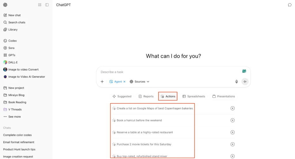 Actions from ChatGPT Agent Mode