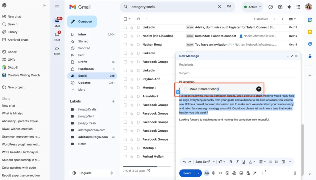Inline Writing / Editing Assistance - ChatGPT Atlas 